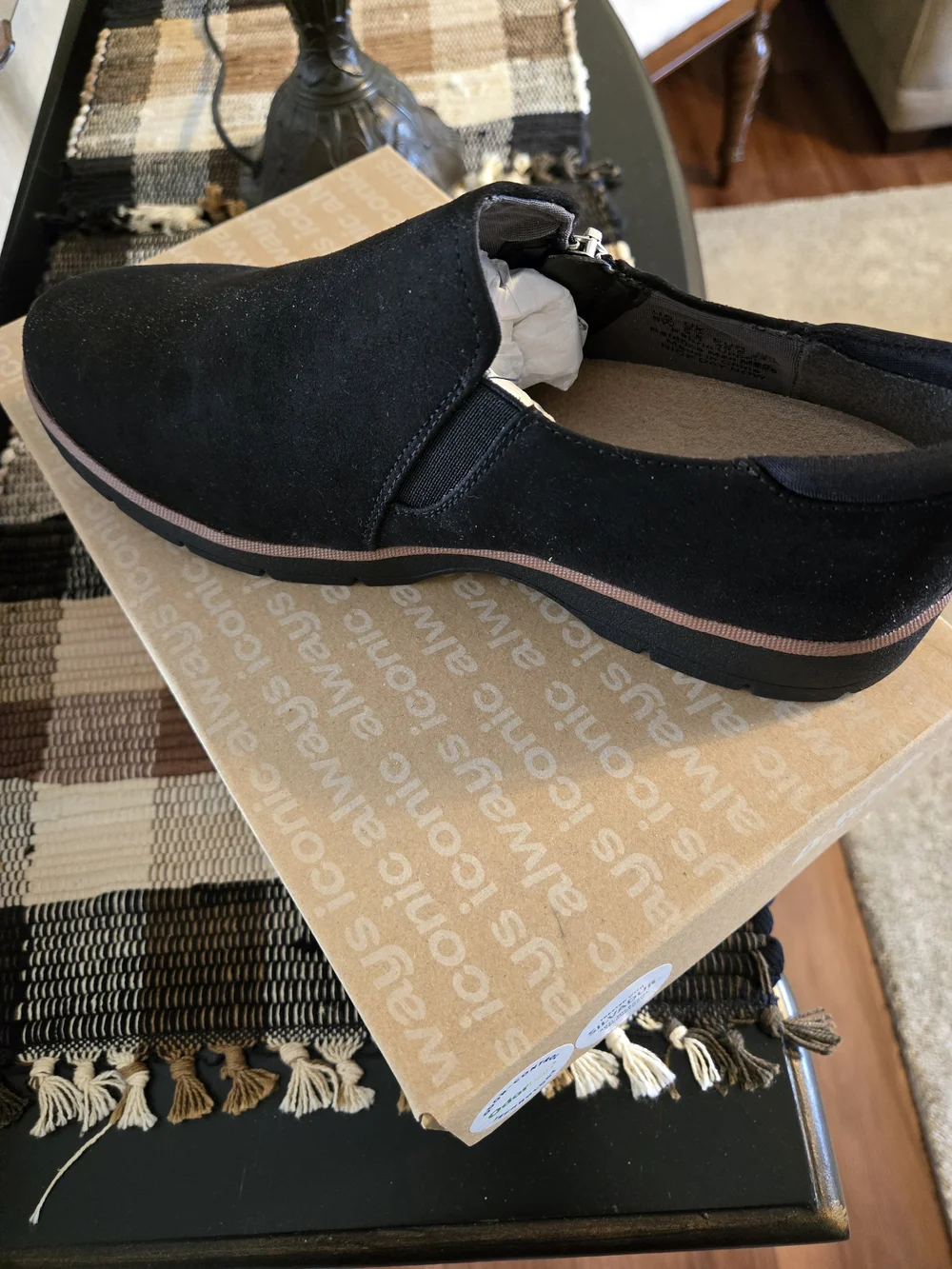 Dr. Scholl's Black Slip-On Suede Ankle Shoe with Pink Stripe